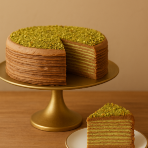 Dubai Chocolate Mille Crêpes Cake — Neeko Café Brighton