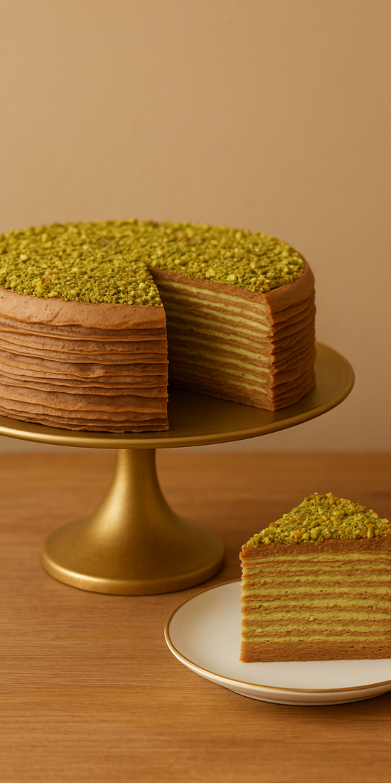 Dubai Chocolate Mille Crêpes Cake — Neeko Café Brighton