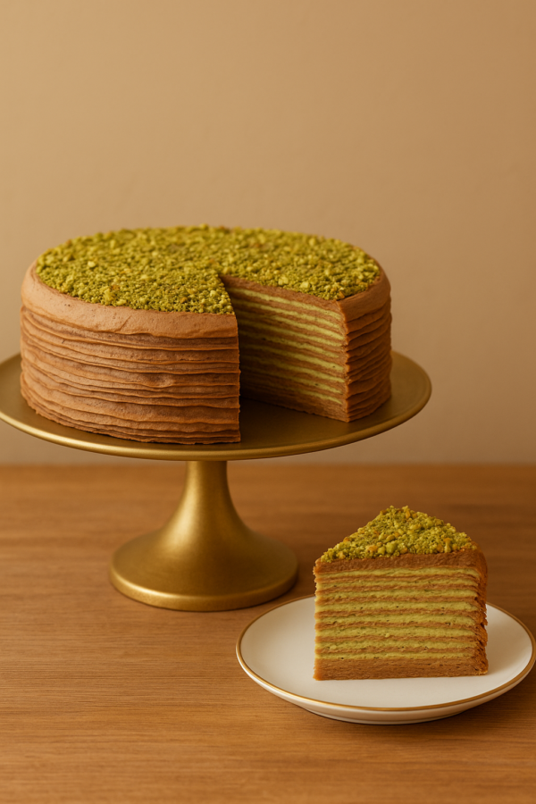 Dubai Chocolate Mille Crêpes Cake — Neeko Café Brighton