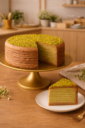 Dubai chocolate mille crêpes whole cake with layered chocolate cream – Neeko