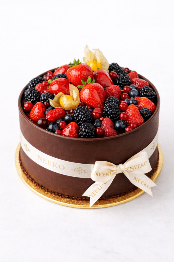 Forest berry chocolate cake topped with fresh strawberries and mixed berries – Neeko