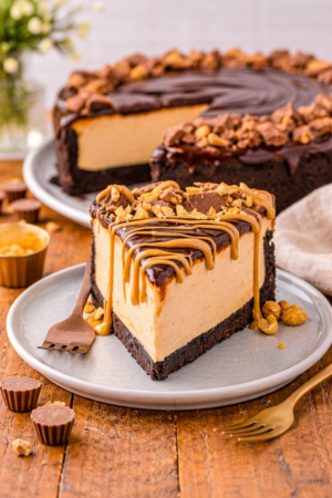 Peanut butter chocolate cheesecake with chocolate ganache and peanut topping – Neeko