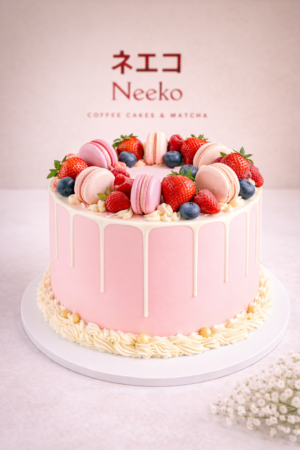 Strawberry macaron cake with fresh strawberries and cream – Neeko Brighton
