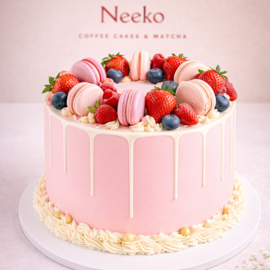 Strawberry macaron cake with fresh strawberries and cream – Neeko Brighton