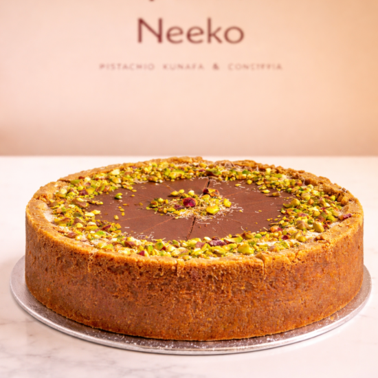 Dubai Pistachio Kunafa Cheesecake with crispy pistachio topping at Neeko Café Brighton