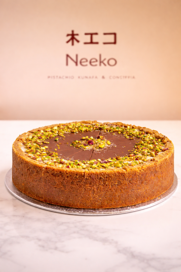 Dubai Pistachio Kunafa Cheesecake with crispy pistachio topping at Neeko Café Brighton