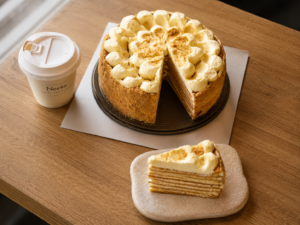 All cakes 5 A whole Neeko Bakery honey crepe cake with one slice removed, sitting on a wooden cafe table next to a Neeko branded paper coffee cup.