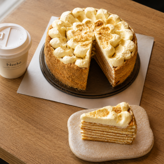 A whole Neeko Bakery honey crepe cake with one slice removed, sitting on a wooden cafe table next to a Neeko branded paper coffee cup.