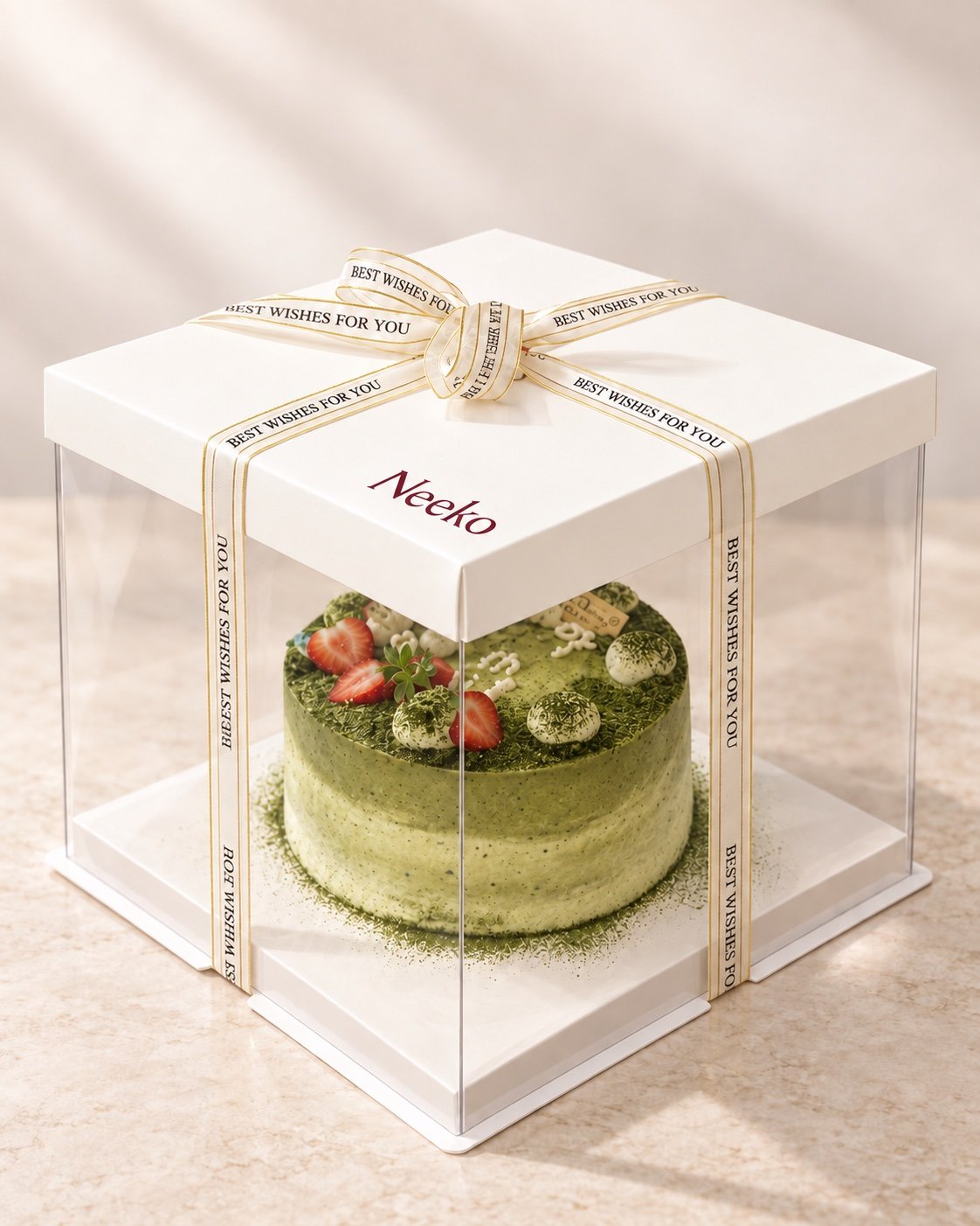 Neeko whole cake presented in a premium clear cake box with branded ribbon